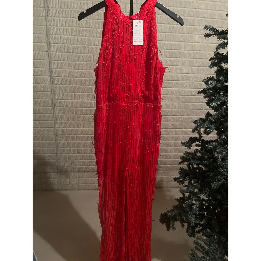 PEEKSKILL‎ Red Sequin Fringe Halter Jumpsuit Dressy Evening Formal